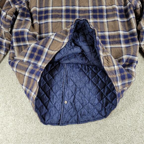 VTG Outdoor Exchange Flannel Shacket M Brown Blue Plaid Buttons Quilt Lined 90s - Picture 3 of 11